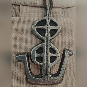 Mid century Norway Pewter pendant on leather strap. Plus Tinn Saga Age. Rustic